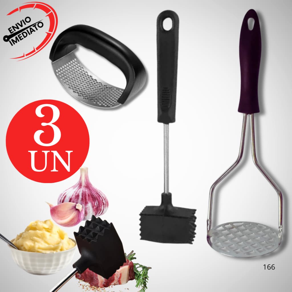 Kit Amassador Batedor Alho Batata Carne Martelo Para Carne Resistente Cozinha Kit Preto Utensilio