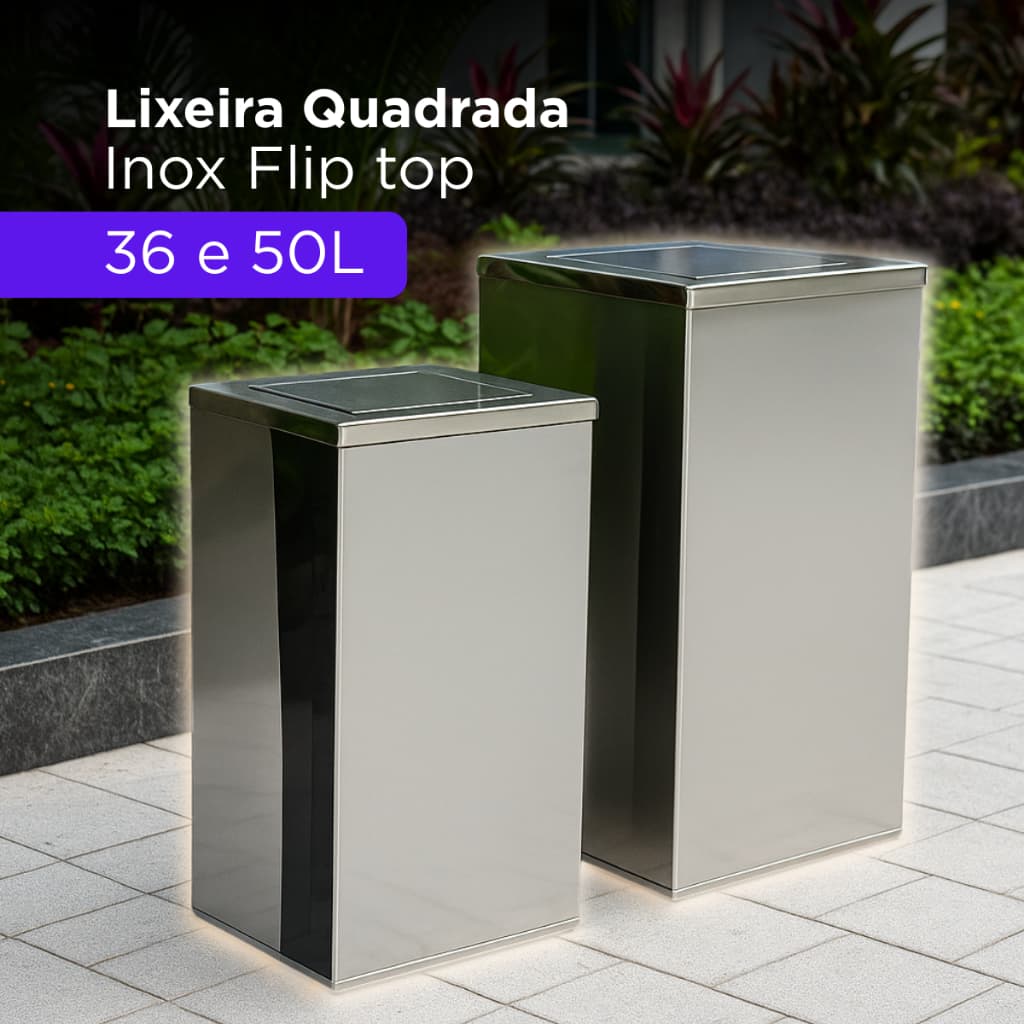 Lixeira Quadrada Aço Inoxidável 36 e 50 Litros Tampa Basculante