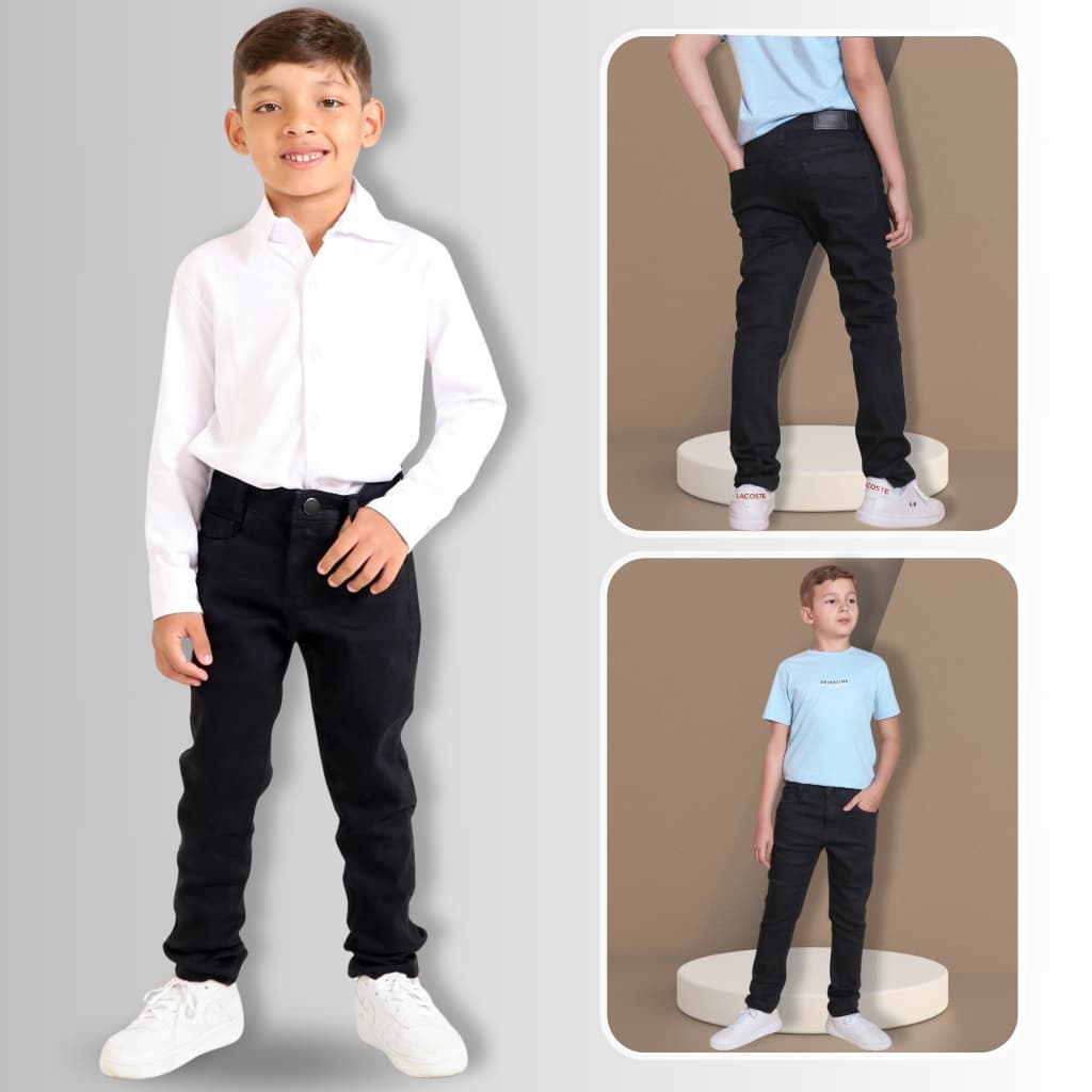 Calça Preta Jeans Infantil Meninos 2 a 16 Casual Social Skinny Slim Fit Básica Lisa