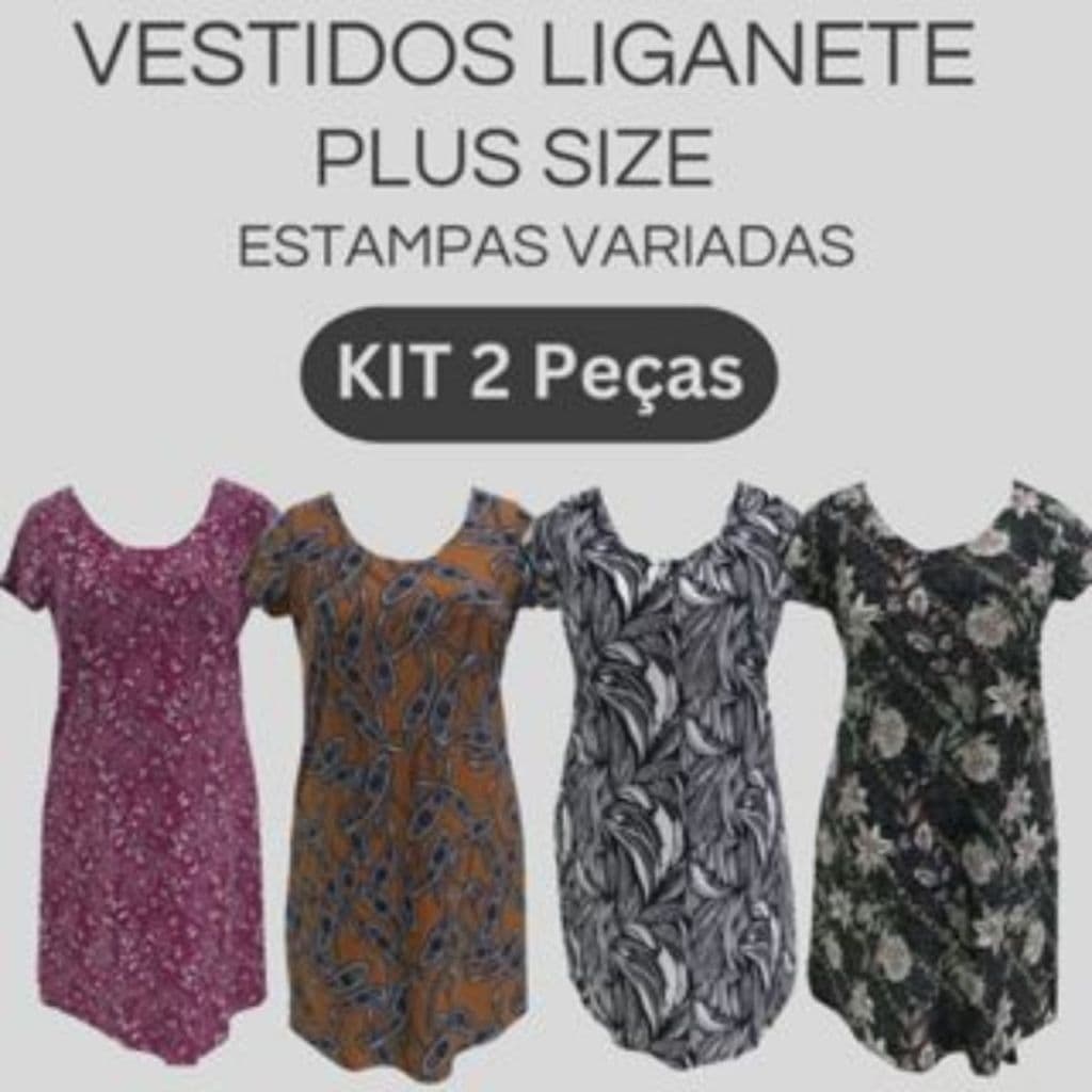 Kit 2 Vestidos Malha Fria Feminino Manga Curta Liganet  Moda Evangélica  Estampas Variadas