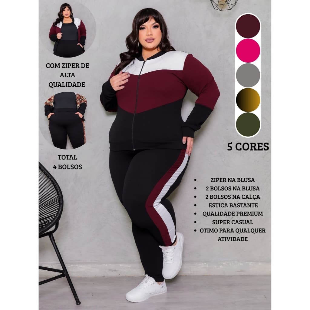 Conjunto Feminino Plus Size Linha Premium Calça e Blusa Com Ziper Malha Crepe Confortável Calça Jogger 2 Bolso Moleton