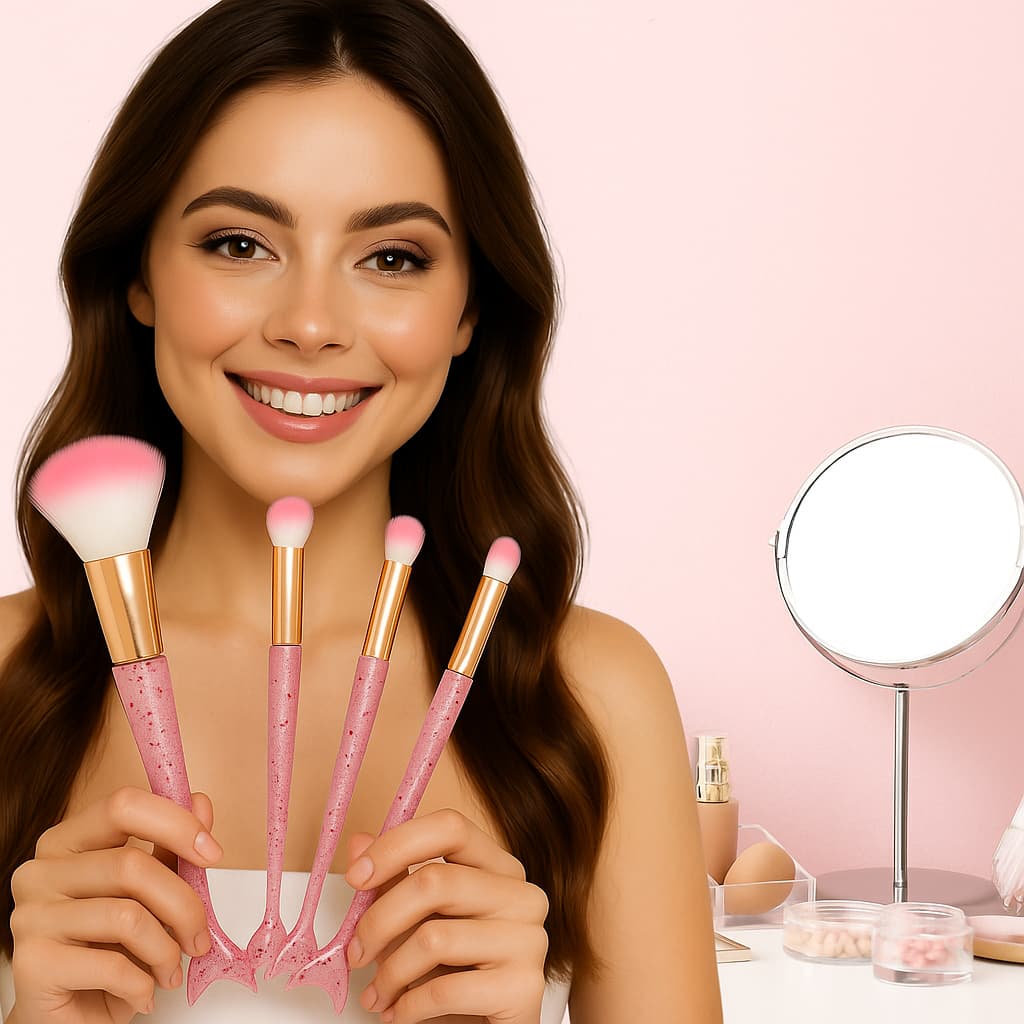 Pincel Para Maquiagem kit com 4 Unidades - Pincel para Blush, Pó, Sombra e Corretivo - Pincel Sereia