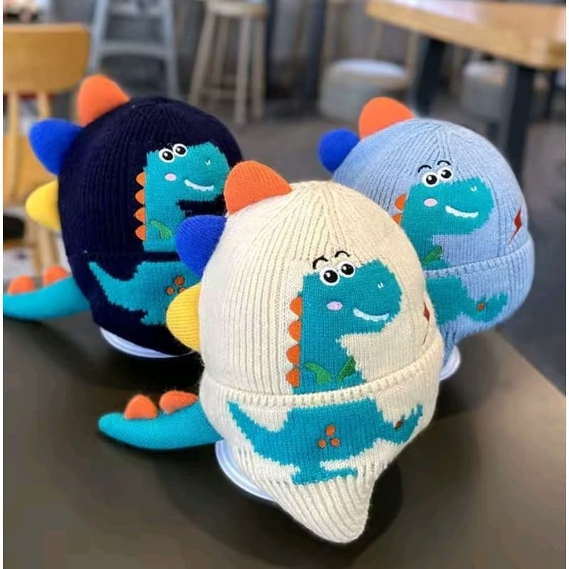Touca de lã infantil 3D dinossauros forrada com protetor de orelhas 1 a 5 anos