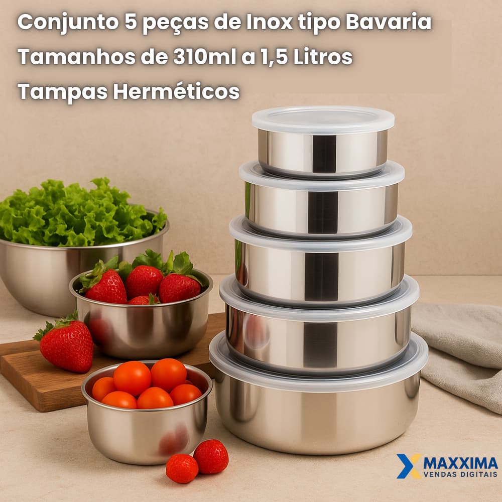 Conjunto 5 Potes Herméticos Com Tampa Inox Conserva Guarda Mantimentos Bowl Tigela Vasilha Freezer
