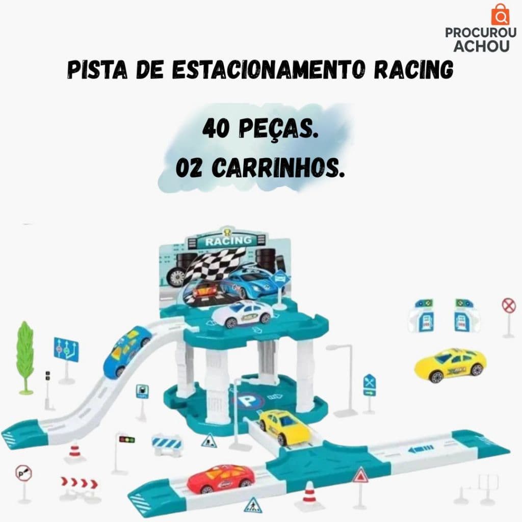 Pista de Estacionamento Infantil com 40 peças Pista Policial ou Racing 02 Carrinhos Corrida Montagem