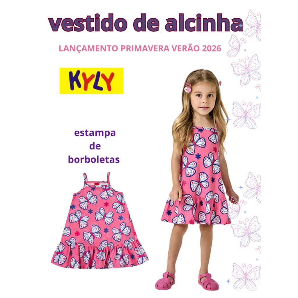 Vestido Borboleta de alcinha infantil menina kyly em tecido de algodão é babado na barra
