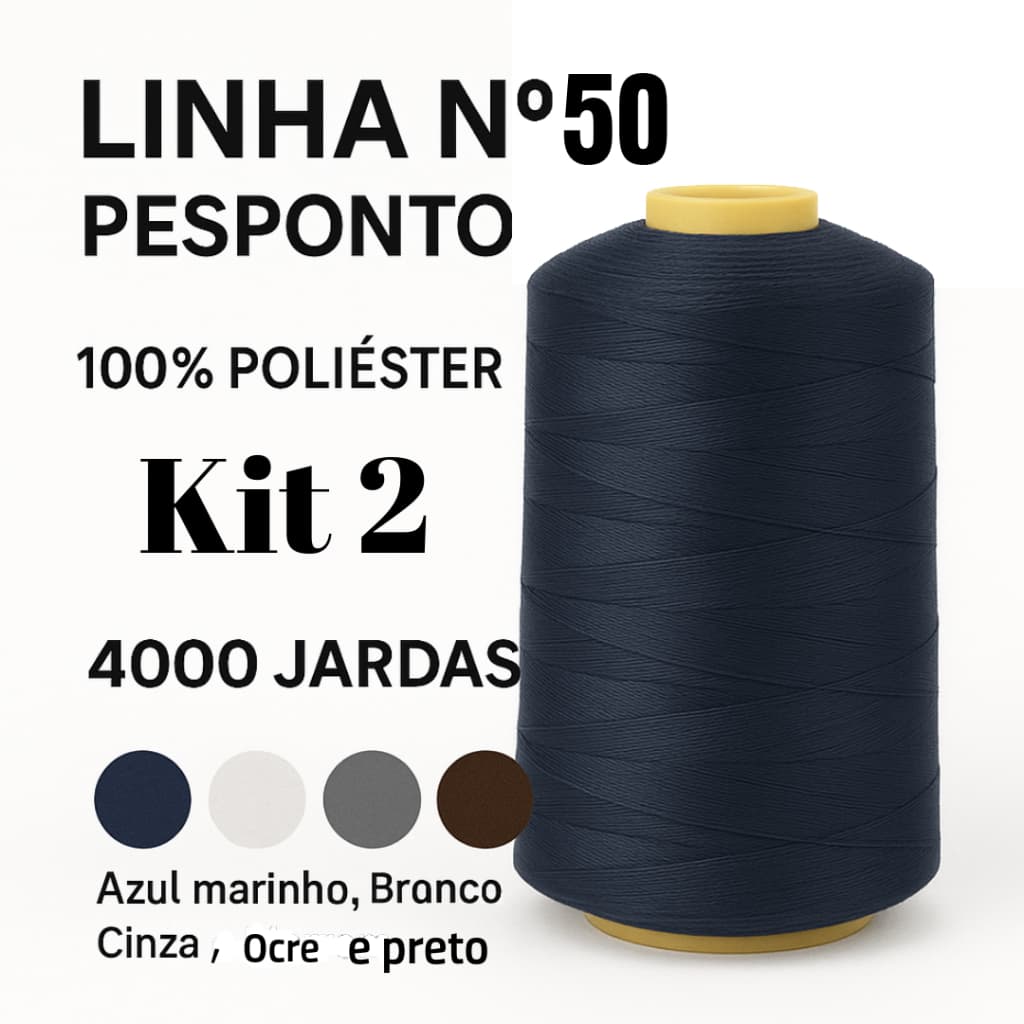 Kit 2 Linhas de costura n°50 Pesponto, 4000 Jardas Branco Natural, Preto, Azul Marinho, Cinza, Ocre