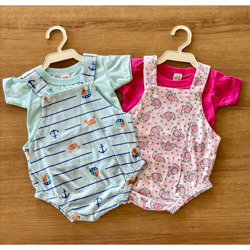 Jardineira Body com camiseta conjunto 2 peças bebê menino e menina