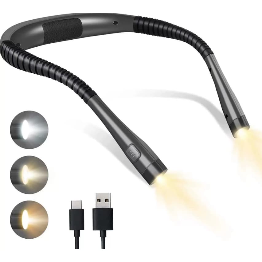 Luminária Pescoço LED Recarregável 3 Cores 3 Intensidades Luz Leitura Mãos Livres Flexível Portátil