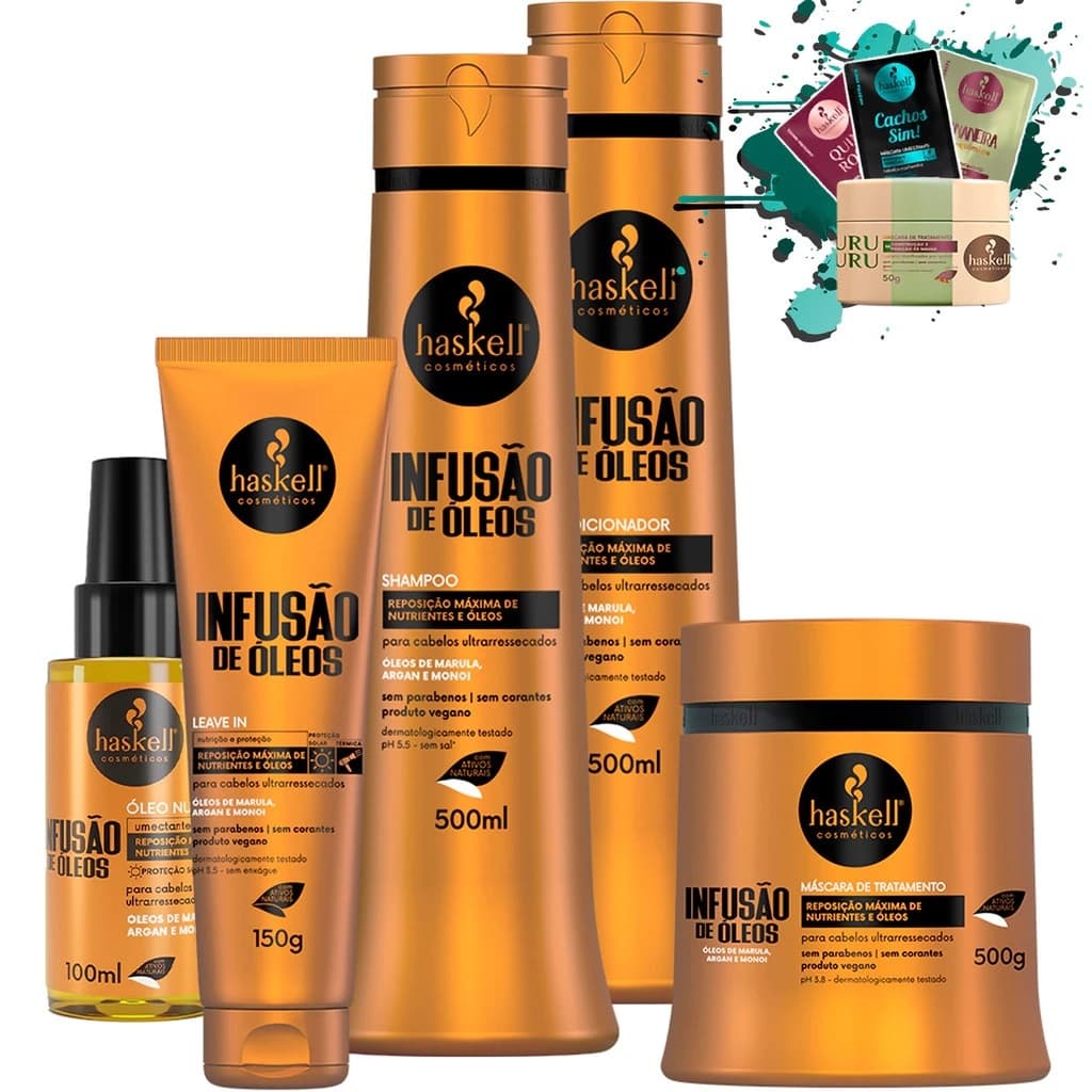 Shampoo Condicionador e Máscara 500ml/gr + Leave in150gr + Óleo 100ml Infusão de Óleos Haskell