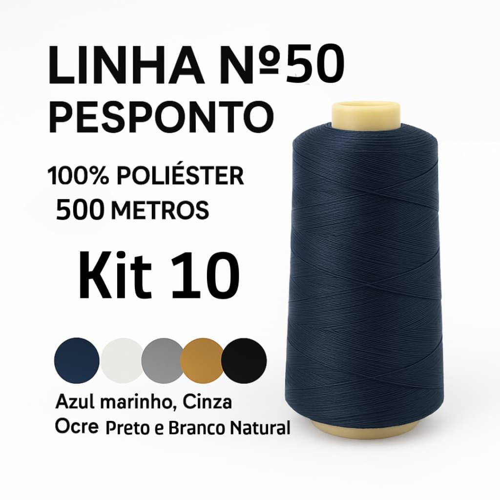 Kit 10 Linhas de costura n°50 Pesponto, 500 Metros Branco Natural, Preto, Azul Marinho, Cinza, Ocre
