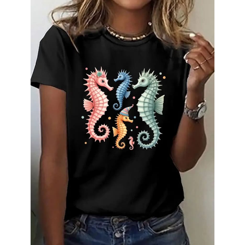 Camiseta Algodão Adulto, Infantil Plus Size Cavalo Marinho Mar Oceano Streetwear Moda Premium