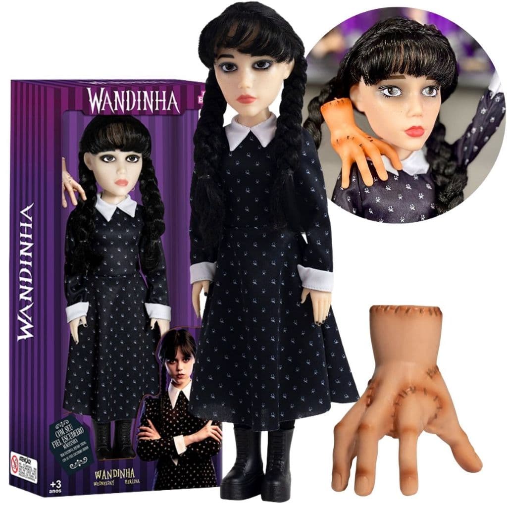 Boneca Wandinha Addams Grande 45cm + Mãozinha Vandinha Igual a Séria Boneca Articulada