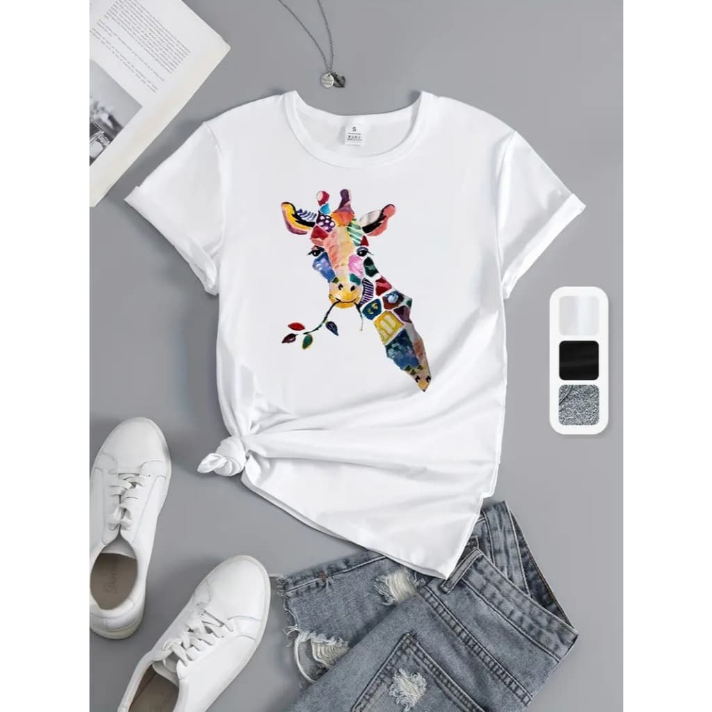 Camiseta Feminina Algodão Adulto, Infantil Plus Size Girafa Colorida Streetwear Moda Premium