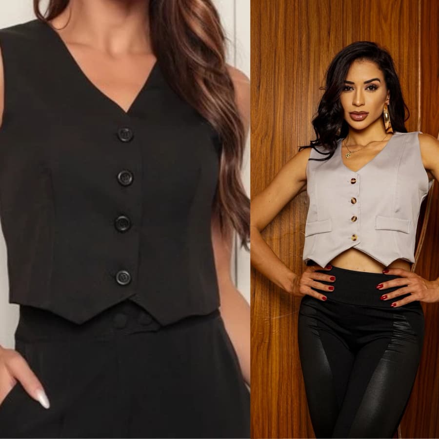 Colete Coletinho Alfaiataria Feminino Casual Com 03 Botões colete curto alfaiatria