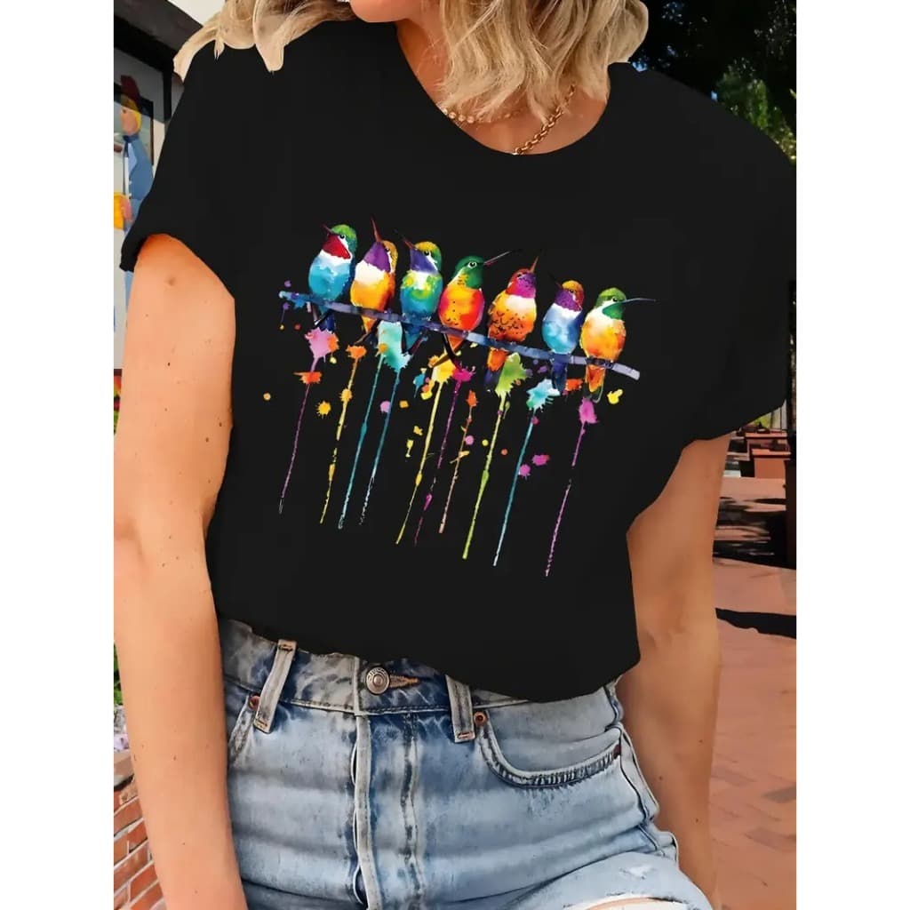 Camiseta Feminina Algodão Infantil Plus Size Pássaros Coloridos Streetwear Moda Premium