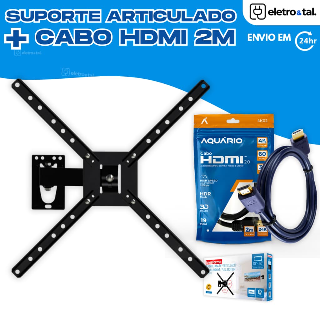Kit Suporte para Tv Articulado LED LCD Plasma 3D e Smart TV de 10” a 60” + Cabo Hdmi 2 Metros 4k