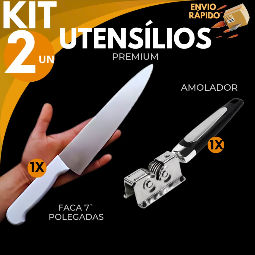 Kit Utensílios 2 Unidades Faca Peixeira 7 Polegadas com Amolador e Afiador de Faca Profissional
