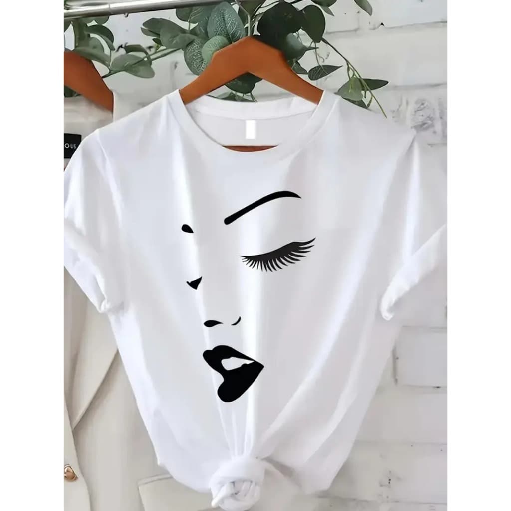 Camiseta Algodão Adulto, Infantil Plus Size Rosto Feminino Streetwear Moda Premium