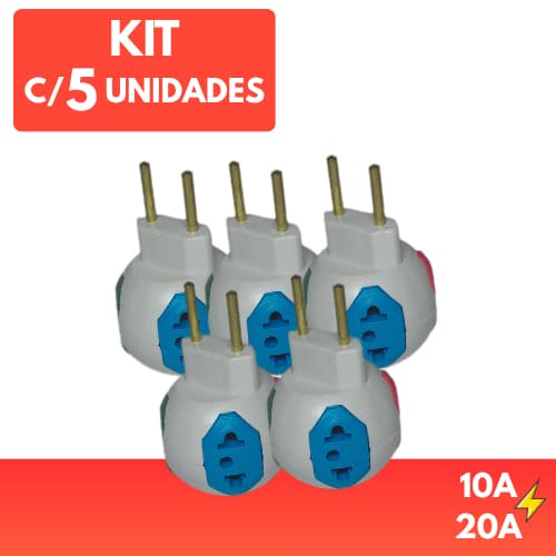 Kit 5 Adaptadores Tomada Benjamim Esfera Colorido 10A/20A Universal Pinos Finos e Grossos