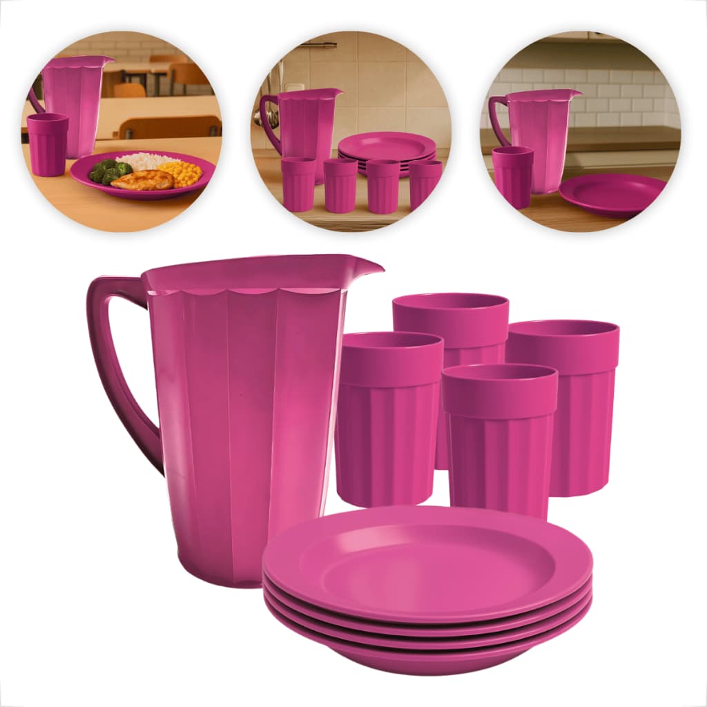 Kit Refeição com Jarra 1,7L + 4 Copos 350ml + 4 Pratos Plástico Premium