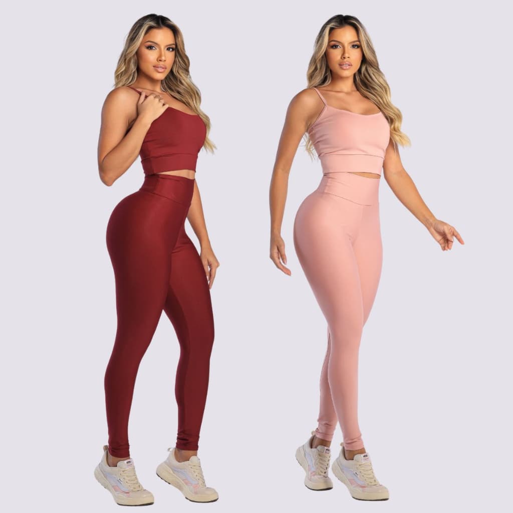 Kit 2 conjuntos calça com top e bojo removível legging feminina cintura alta suplex academia fitness