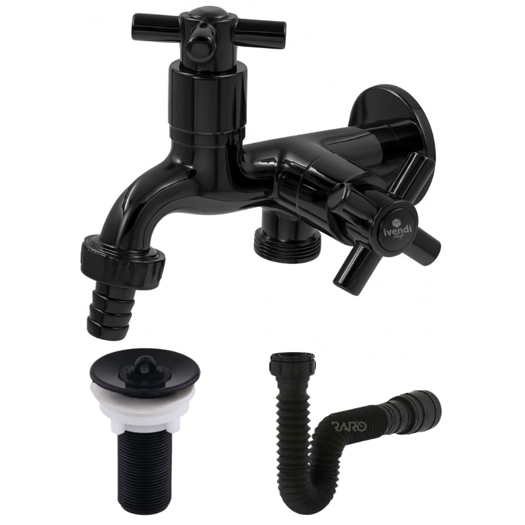 Kit Serviço Torneira Maquina Lavar Dupla Duas Saidas Tanque Abs Cor Preto + Valvula + Sifão Promoção