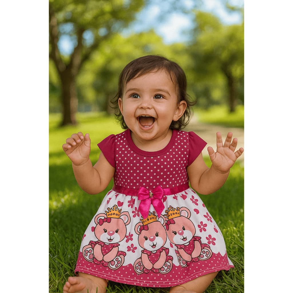 Vestido Bebê Recém-Nascida 0 a 3 Meses Ursinha Princesa Estampado com Coroa e Laço Rosa  Mêsversário