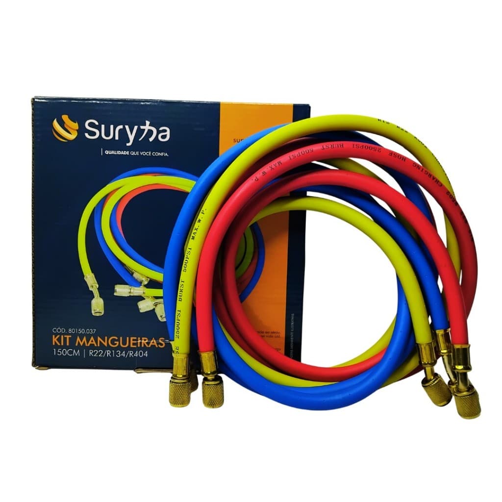 Kit com 3 Mangueiras Manifold 150cm R22 R134 R404 80150037 Refrigeração Ar Condicionado 4000 PSI