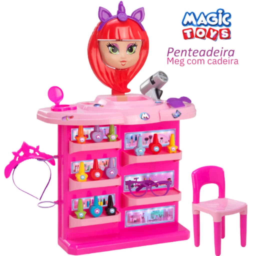 Penteadeira Infantil Brinquedo Magic Toys c/Cadeira e Acessórios, espelho