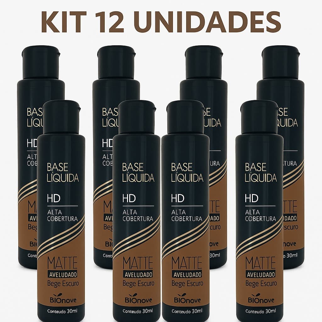 Kit 12 Bases Líquida HD Bege Escuro 30ml Com Alta Cobertura Efeito Matte Aveludado Atacado