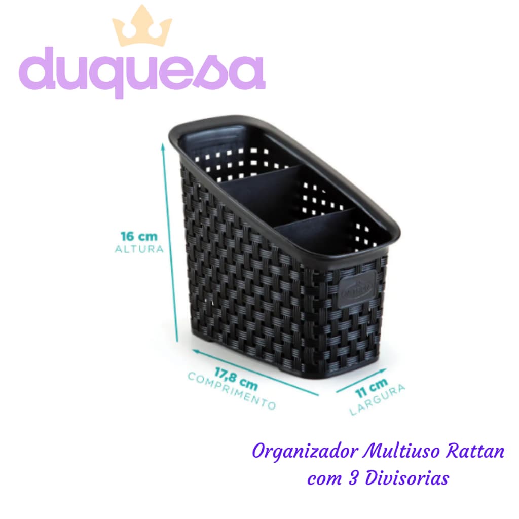 Organizador Multiuso Rattan 3 Divisorias Talher Controle Remoto Pincel Maquiagem Escova de Cabelo