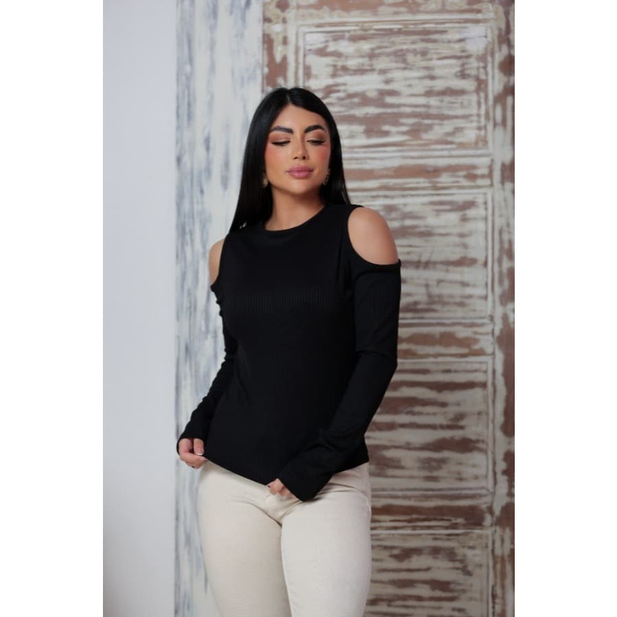 BLUSA CANELADA MANGA LONGA OMBRO ABERTO REF 33