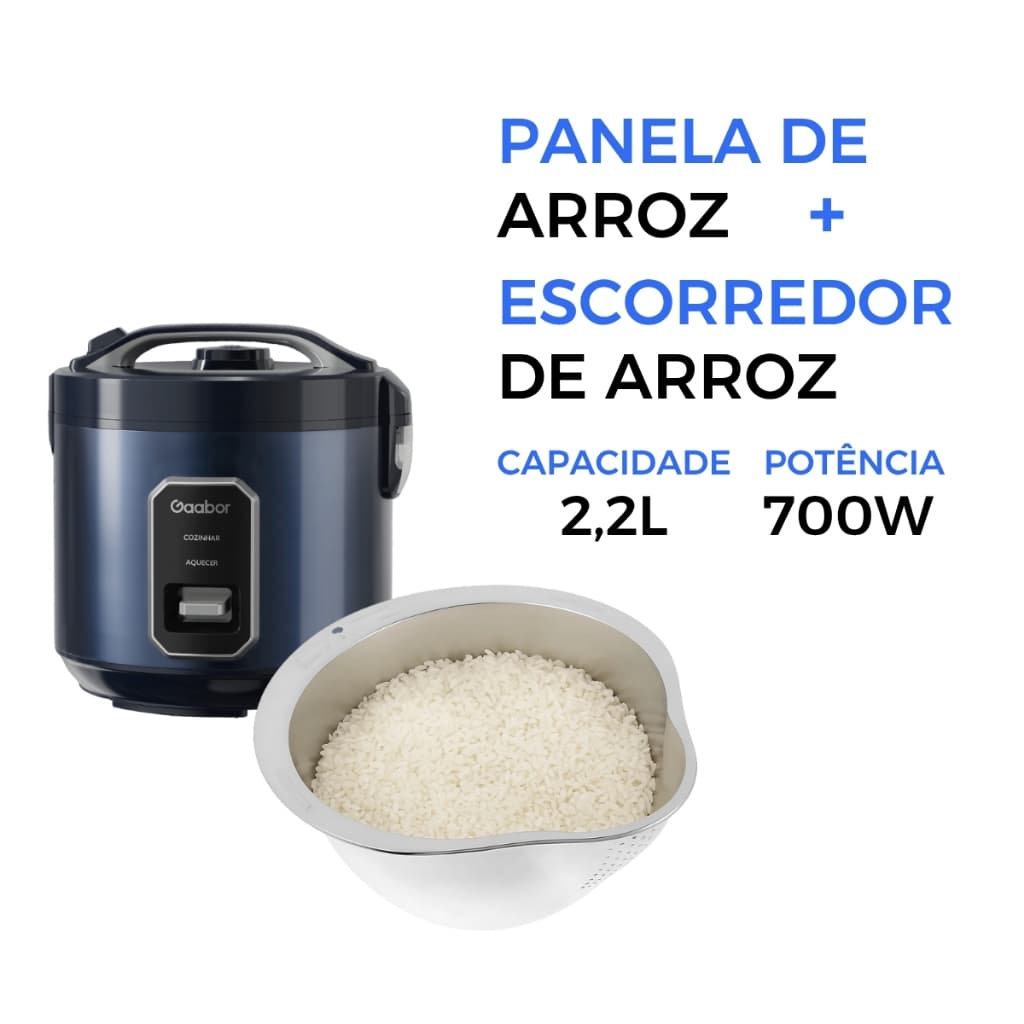Kit Panela de Arroz Gaabor 2,2L 15 Xícaras Antiaderente 700W, 127V + Escorredor arroz salada