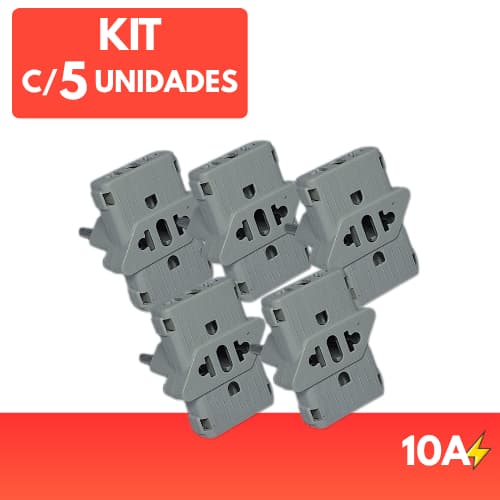Kit 5 Benjamim T Adaptador Tomada Extensor Elétrico 10A Pinos Finos Grossos