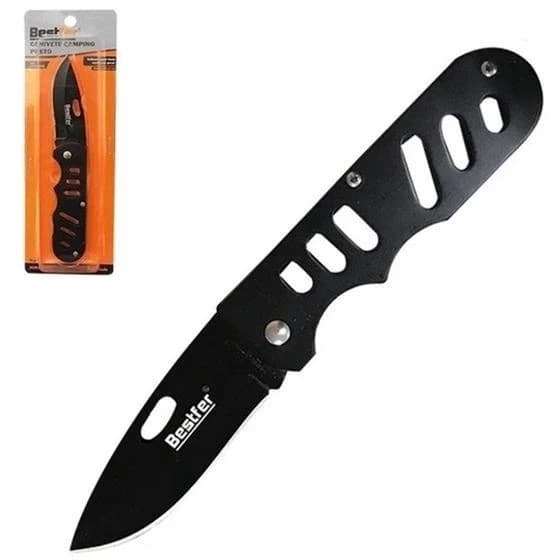 Canivete Bestfer Camping Dobravel Inox Preto 15.8CM - Lâmina 2mm