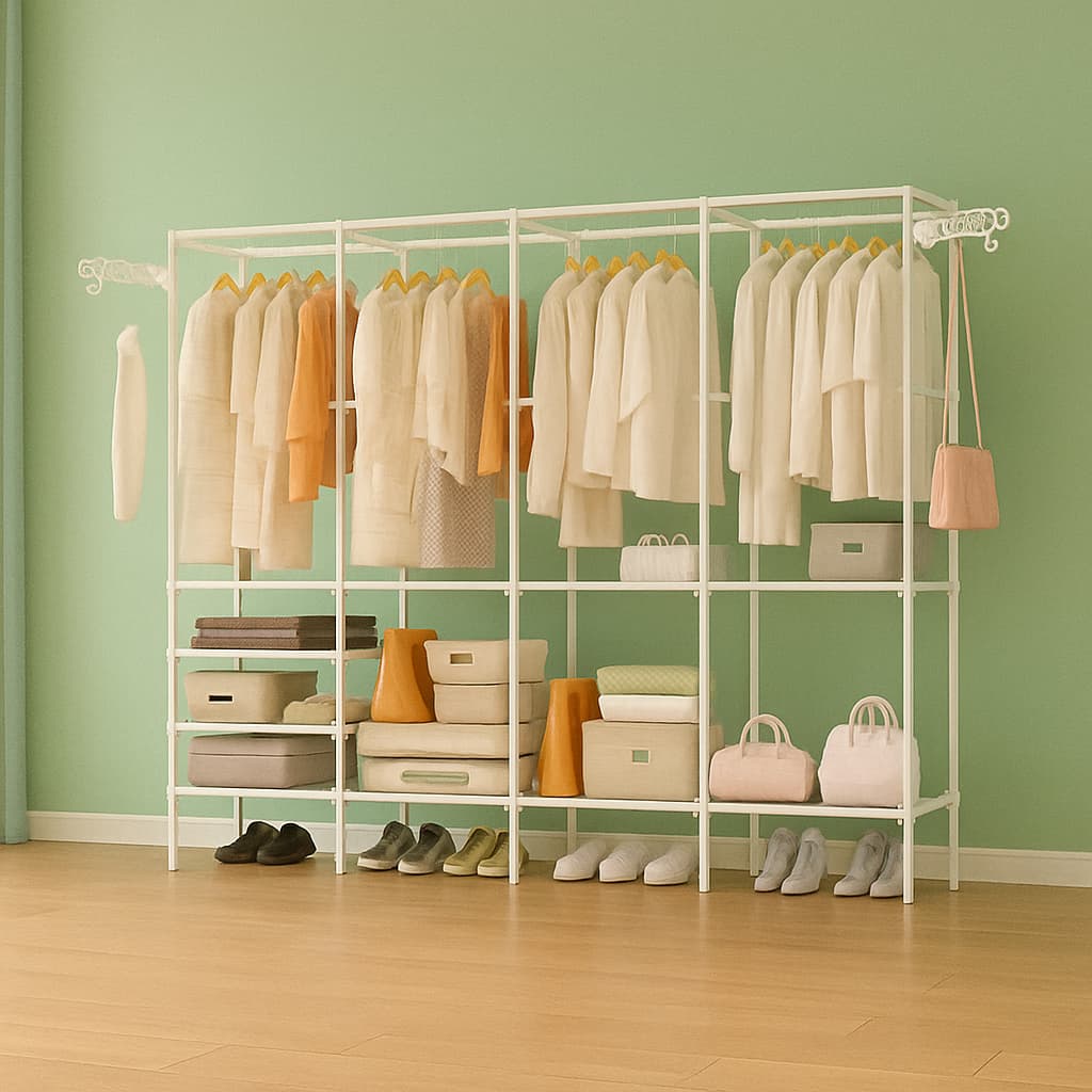 Closet Cabideiro Casal Arara com Prateleiras Organizadora de Roupas Solteiro Portátil Desmontável