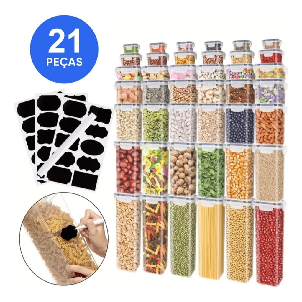 Kit 21 Potes Herméticos Empilháveis Quadrado Resistente Plástico Cozinha Dispensa Alimentos e Bebida