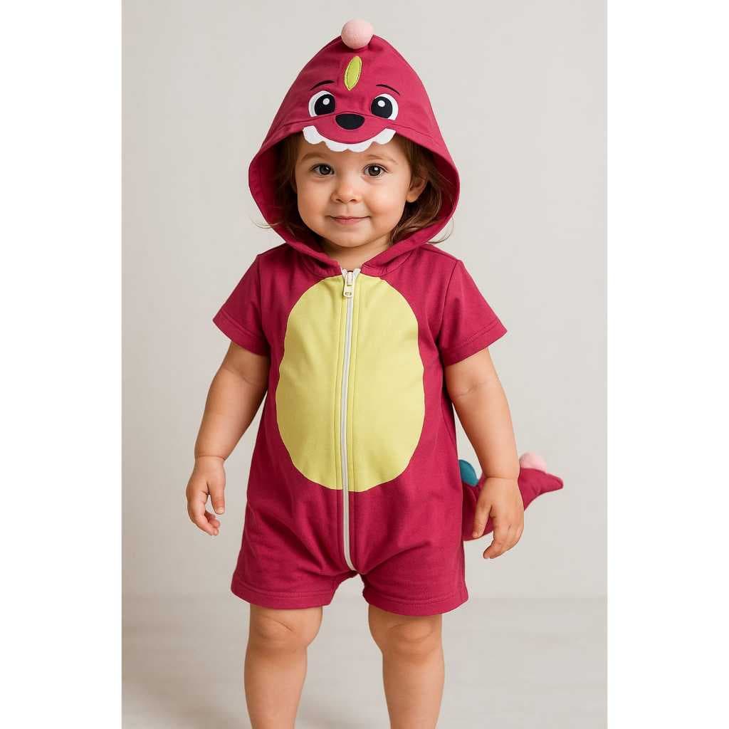 Macacão curto fantasia - Dinossauro Rosa M ao 8
