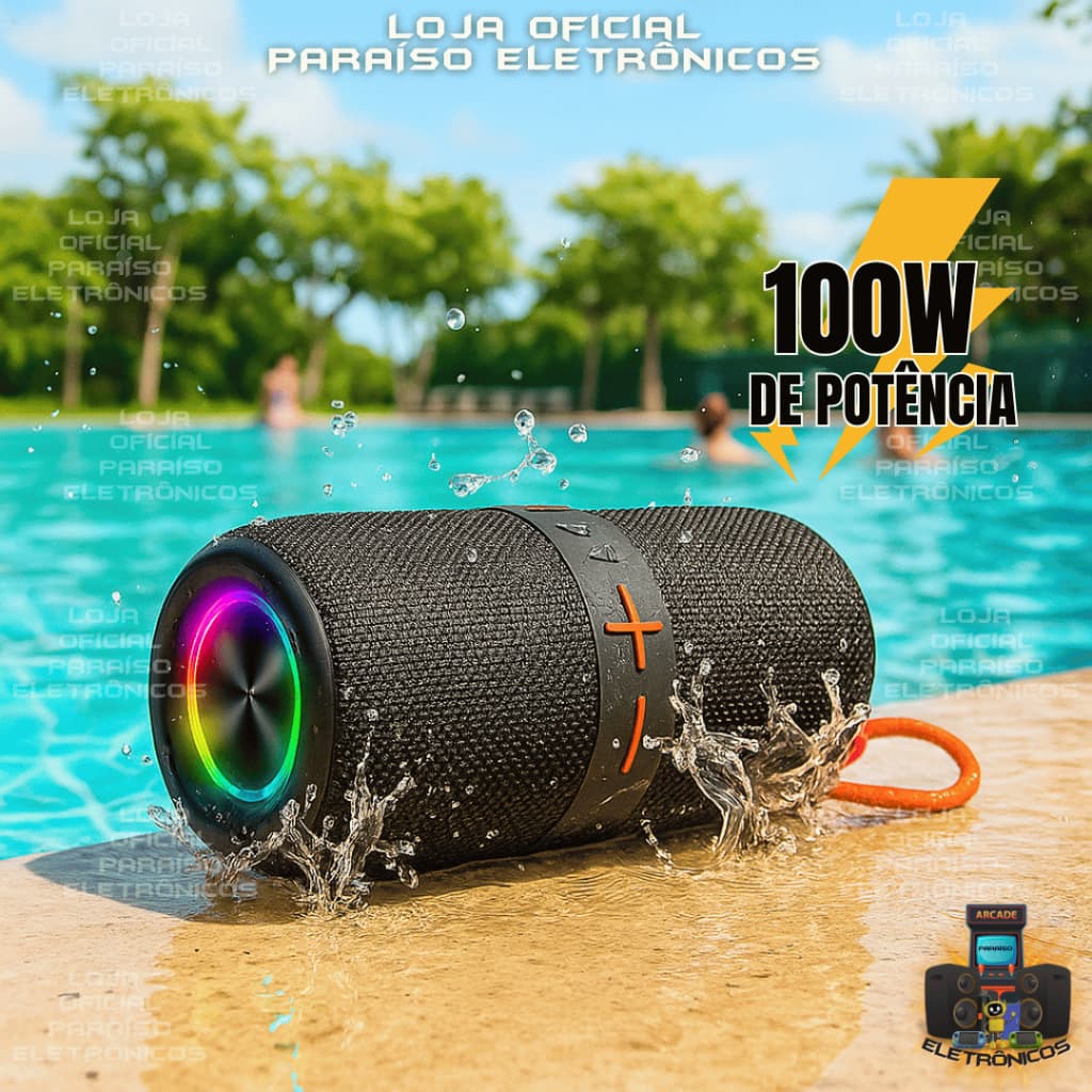Caixa de Som 100W RMS Alta POTÊNCIA Prova d'Água IPX5 Bluetooth Portátil LED Eletromex