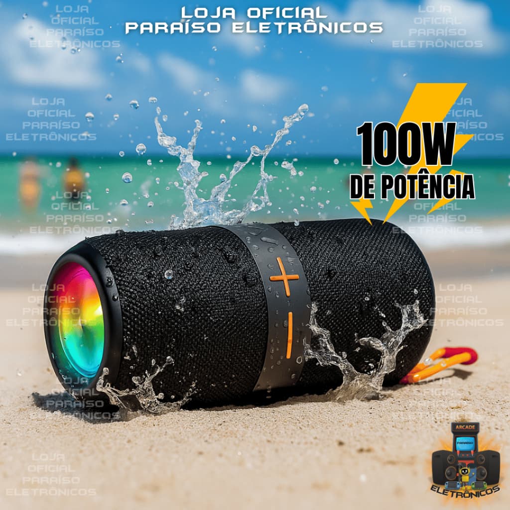 Caixa de Som 100W POTENTE Bluetooth Portátil LED Pen Drive Prova D'água IPX5 Eletromex