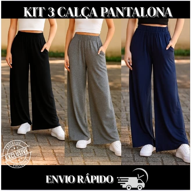 Kit com 3 calças pantalona leve e confortável com bolsos
