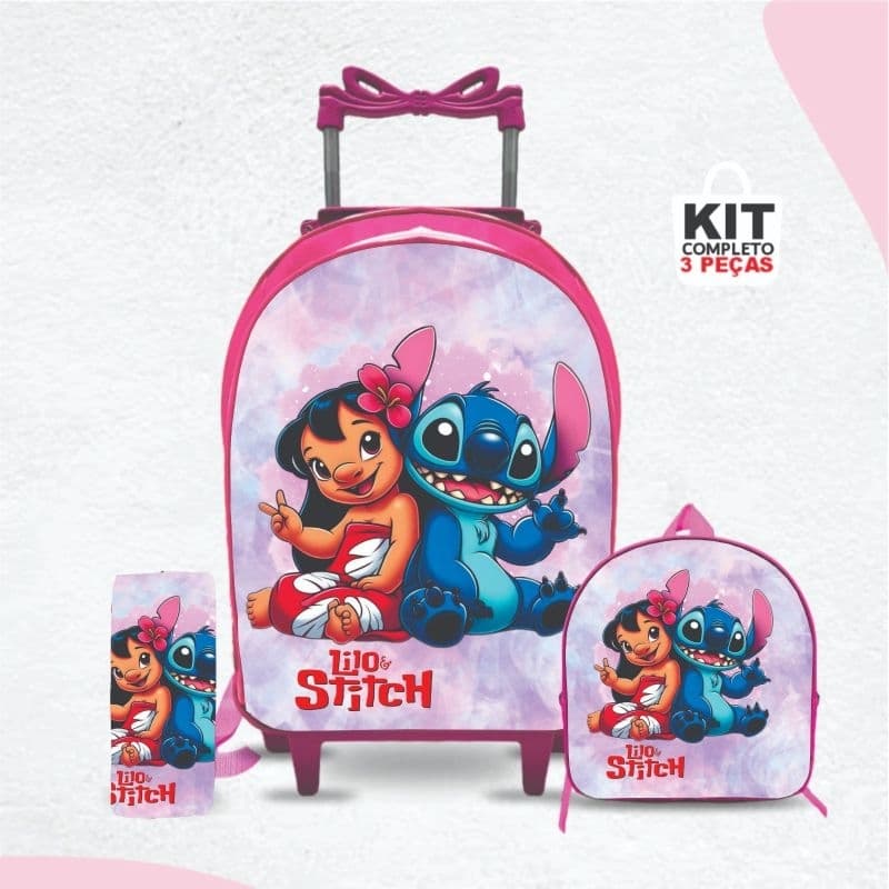 Kit mochila escolar Sthitch com lancheira e Estojo - com Rodinhas - Menina-Feminino
