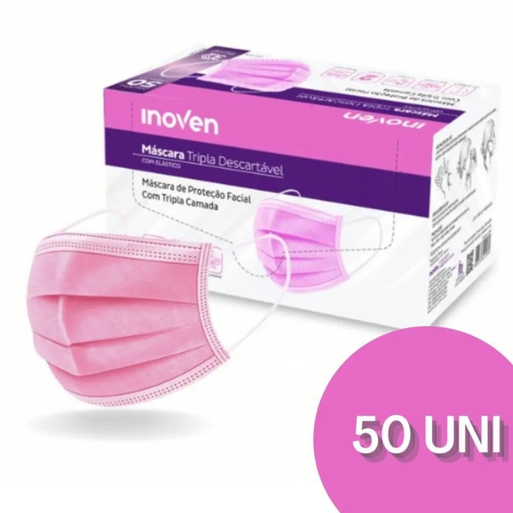 50UN. MÁSCARA DESCARTÁVEL ROSA FACIAL TRIPLA CAMADA