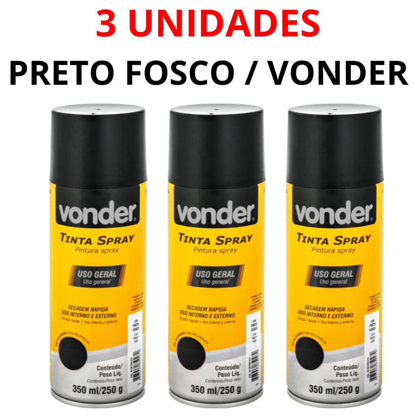Kit 3 Tintas Spray PRETO FOSCO 350ML Secagem Rápida USO GERAL VONDER