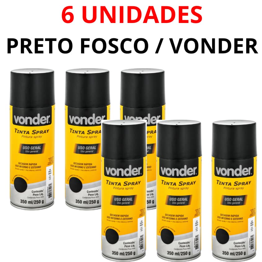 Kit 6 Tintas Spray PRETO FOSCO 350ML USO GERAL VONDER