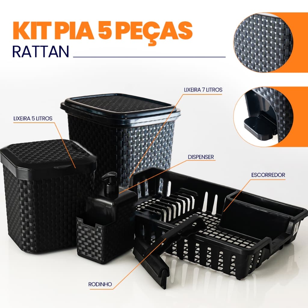 Kit Pia 5 Peças Rattan Lixeira 7L e 5L Dispenser Porta Detergente Rodinho de Pia Escorredor de Louça