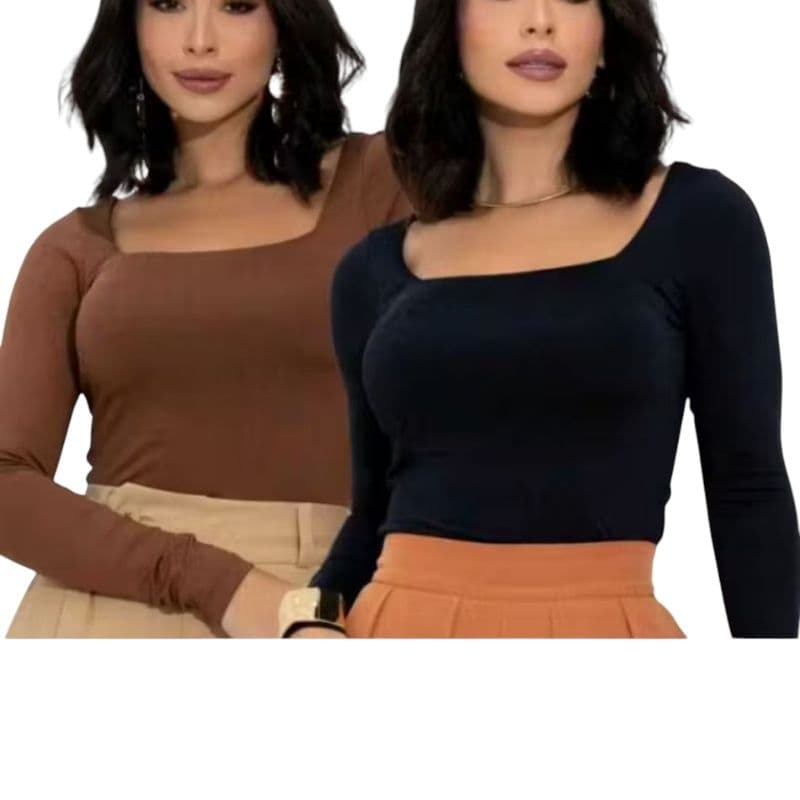 Kit de 2 Body Feminino Decote Quadrado Com Forro,Manga Longa,Suplex,Segunda Pele Bori Confeccionado em Alta Qualidade