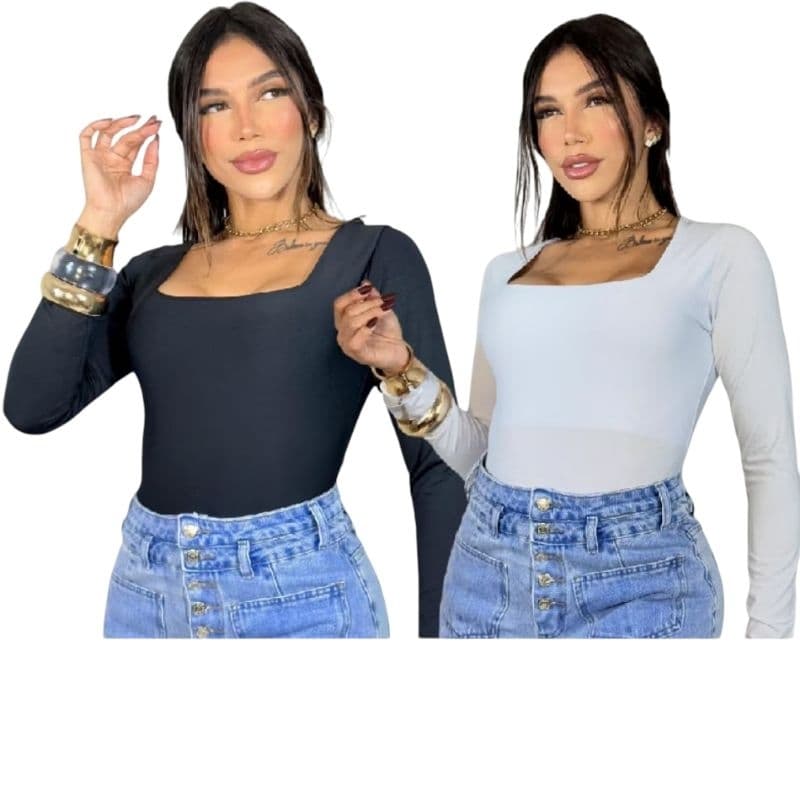 Kit 2 Body Feminino Decote Quadrado Manga longa Suplex,Com forro,Segunda Pele,Blusa Frio Premium