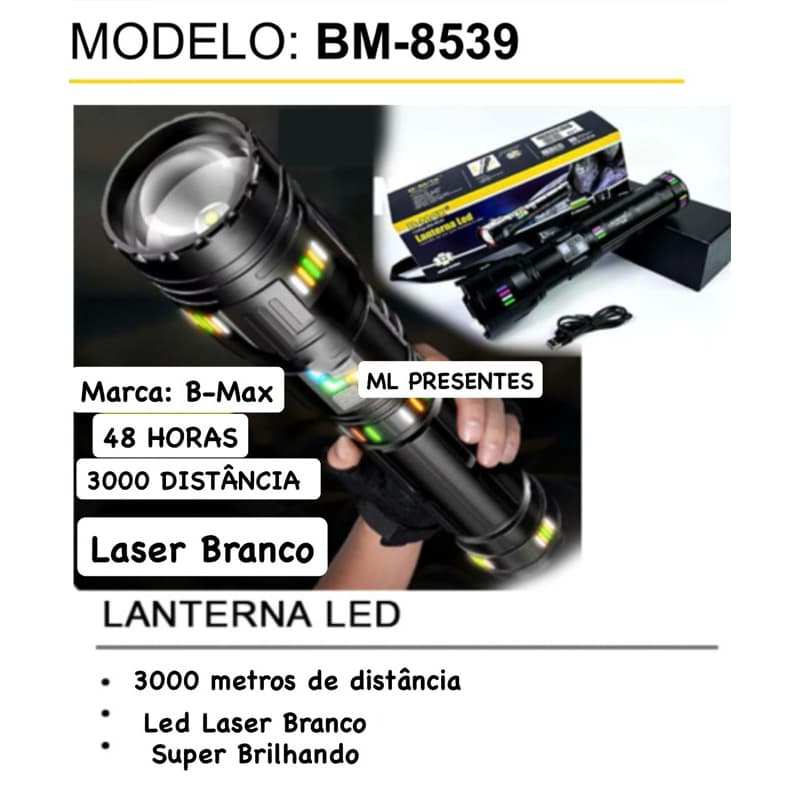Lanterna Tática LED Laser Titanium Canhão de Luz Mais Potente B-Max BM-8539